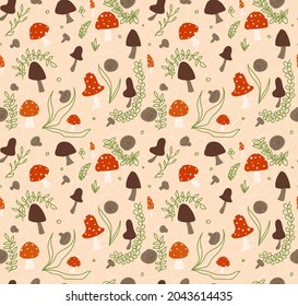 
Seamless pattern with mushrooms and leaves. Vector background from forest mushrooms.