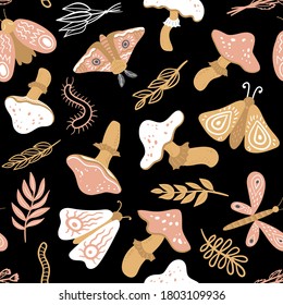 Seamless pattern with mushrooms, leaves, worms and moths on black background. Vector doodle print for fabric, textile, background, wallpaper, wear, cloth