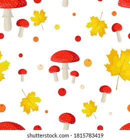 Seamless pattern with mushrooms, maple leaves and berries. Forest ornament on white background.