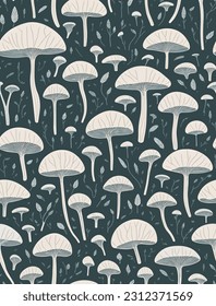 Seamless pattern of mushrooms in a Mid Century minimal style illustration, geometric leaves in the background, in dark green and cold neutral tones. Boho chic. Scandi style.