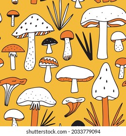 Seamless pattern with mushrooms. Modern design for fabric and paper, surface textures.