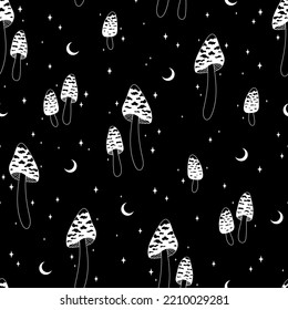 Seamless pattern with mushrooms, moon and stars. Celestial background. Hand drawn vector illustration. Black and white. 
