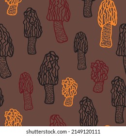 Seamless pattern with mushrooms morel. Mushrooms  in hand-drawn style. Creative autumn texture for fabric, wrapping, textile, wallpaper, apparel.