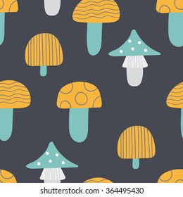 Seamless pattern of mushrooms. Multicolored mushrooms on a dark background, painted in the style of doodle.