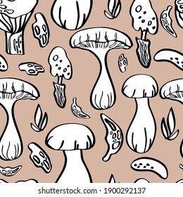 seamless pattern mushrooms on beige background