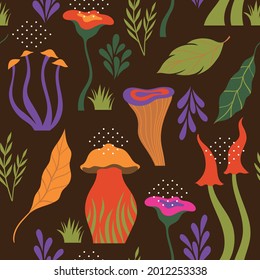 Seamless pattern with mushrooms on black backgound, fabric design. 
