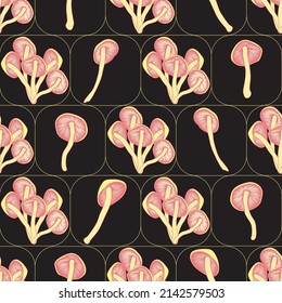Seamless pattern with mushrooms on a black background. The design is suitable for wallpapers, textiles, towels, bed linen, printing on T-shirts and various clothes, product packaging. Isolated vector 