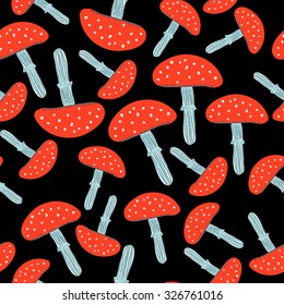 Seamless pattern with mushrooms on black background.