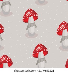 Seamless pattern with mushrooms on color background. Cute fairy mushroom. Modern vector illustration for packaging, banner, card, fabric, other design. Food concept.