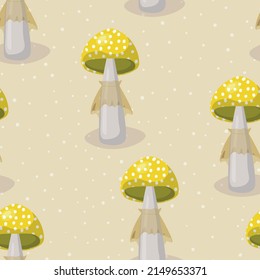 Seamless pattern with mushrooms on color background. Cute fairy mushroom. Modern vector illustration for packaging, banner, card, fabric, other design. Food concept.