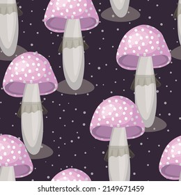 Seamless pattern with mushrooms on color background. Cute fairy mushroom. Modern vector illustration for packaging, banner, card, fabric, other design. Food concept.