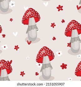 Seamless pattern with mushrooms on color background. Cute fairy mushroom. Modern vector illustration for packaging, banner, card, fabric, other design. Food concept.