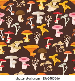 Seamless pattern with mushrooms on a dark background in cartoon style.