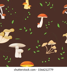 Seamless pattern with mushrooms on a dark background in cartoon style.