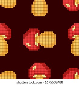 Seamless pattern with mushrooms on a dark background. Pixel art.Vector illustration for games and applications.