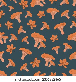 Seamless pattern from mushrooms on a dark background. Pattern with mushrooms of different shapes. Design for baby fabric. Vector illustration.