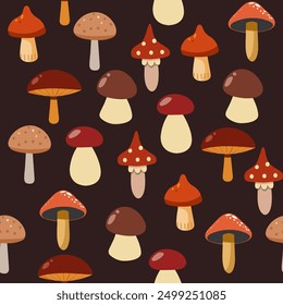 Seamless pattern with mushrooms on a dark background. Cartoon style vector illustration.