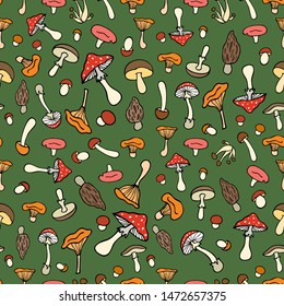 Seamless pattern with mushrooms. With mushrooms. Pattern on green background.Bright colorful mushrooms.For decorative fabrics, Wallpaper,packaging and paper.Flat style.Vector file.