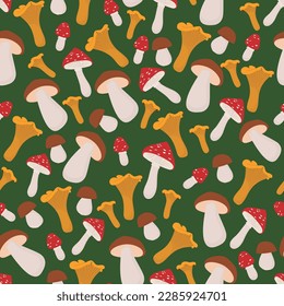 Seamless pattern with mushrooms on green background. 