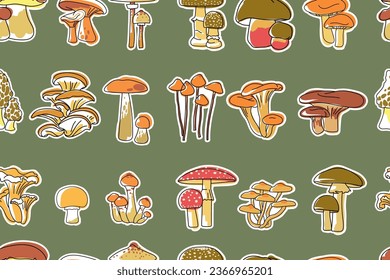 Seamless pattern with mushrooms on an olive background. Edible and non-poisonous mushrooms. Pattern with stickers. Vector illustration.