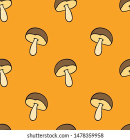 Seamless pattern with mushrooms. With mushrooms. Pattern on orange background.Bright colorful mushrooms.For decorative fabrics, Wallpaper,packaging and paper.Flat style.White mushroom.Borovik.