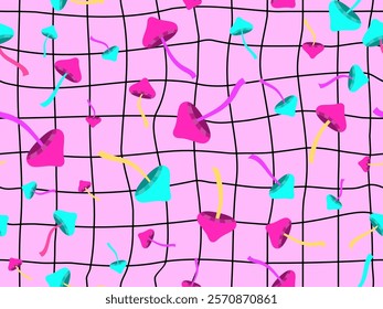 Seamless pattern with mushrooms on a wavy grid. Background with mushrooms and curved grid in retro psychedelic style. Design for banners, posters, wallpapers and covers. Vector illustration