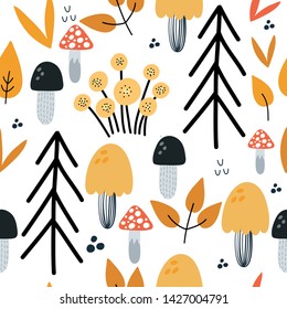 Seamless pattern with mushrooms on a white background. Vector design for wrapping paper, textile. 