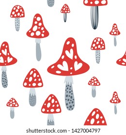 Seamless pattern with mushrooms on a white background. Vector design for wrapping paper, textile. 
