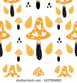 Seamless pattern with mushrooms on a white background. Vector design for wrapping paper, textile. 