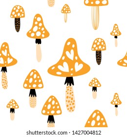 Seamless pattern with mushrooms on a white background. Vector design for wrapping paper, textile. 