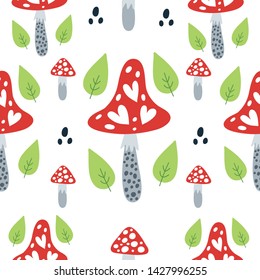 Seamless pattern with mushrooms on a white background. Vector design for wrapping paper, textile. 