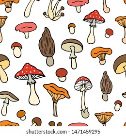 Seamless pattern with mushrooms. With mushrooms. Pattern on white background.Bright colorful mushrooms.For decorative fabrics, Wallpaper,packaging and paper.Flat style.Vector file.