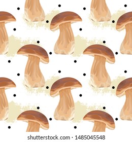 Seamless pattern with mushrooms on a white background. White mushroom. Autumn background. Wallpaper, print, packaging, paper, textile design. Vector illustration.