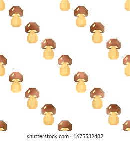 Seamless pattern with mushrooms on a white background. Pixel art. Vector illustration for games and applications.
