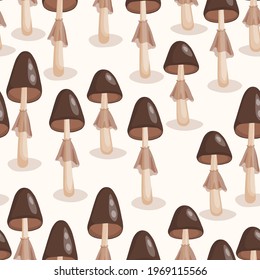 Seamless pattern with mushrooms on white background. Cute fairy mushroom. Modern vector illustration for packaging, banner, card, fabric, other design. Food concept.