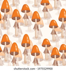 Seamless pattern with mushrooms on white background. Cute fairy mushroom. Modern vector illustration for packaging, banner, card, fabric, other design. Food concept.