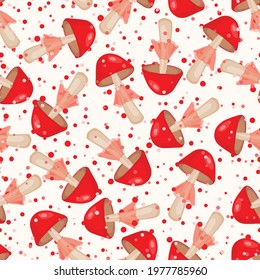 Seamless pattern with mushrooms on white background. Cute fairy mushroom. Modern vector illustration for packaging, banner, card, fabric, other design. Food concept.