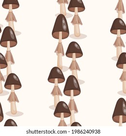 Seamless pattern with mushrooms on white background. Cute fairy mushroom. Modern vector illustration for packaging, banner, card, fabric, other design. Food concept.