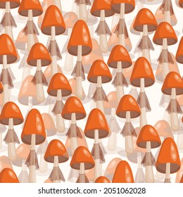 Seamless pattern with mushrooms on white background. Cute fairy mushroom. Modern vector illustration for packaging, banner, card, fabric, other design. Food concept.