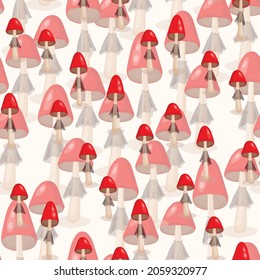 Seamless pattern with mushrooms on white background. Cute fairy mushroom. Modern vector illustration for packaging, banner, card, fabric, other design. Food concept.