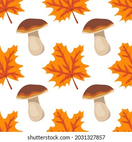 Seamless pattern with mushrooms and orange maple leaves. Bright autumn print with gifts of nature and dots