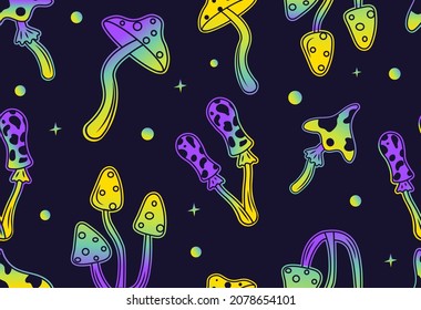 Seamless pattern with mushrooms. Pictures for hippies, repeating elements for printing on fabric. Stickers, badges, gradient, glowing stickers. Nature, flora, bright. Cartoon flat vector illustration