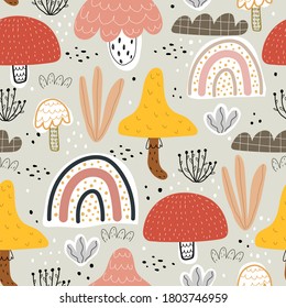 seamless pattern with mushrooms, plant, rainbows, decor elements on a neutral background. Forest, simple flat vector. hand drawing. design for fabric, print, wrapper