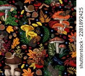 Seamless pattern with mushrooms, plants, insects, berries. Fly agaric, chanterelles, white mushroom, honey agaric, boletus, morel, russula, snail, strawberry, fern, butterflies, dragonfly