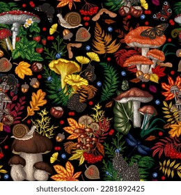 Seamless pattern and mushrooms  plants  insects  berries  Fly agaric  chanterelles  white mushroom  honey agaric  boletus  morel  russula  snail  strawberry  fern  butterflies  dragonfly