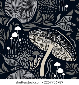 Seamless pattern , mushrooms and plants, leaves and branches, botanical illustration