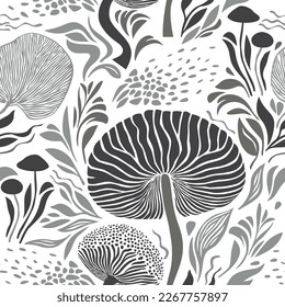 Seamless pattern , mushrooms and plants, leaves and branches, botanical illustration