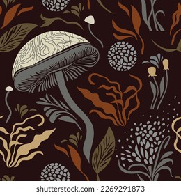 Seamless pattern , mushrooms and plants, leaves and branches, botanical illustration