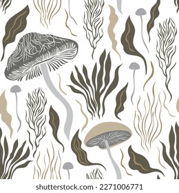 Seamless pattern , mushrooms and plants , leaves and branches, herb, grass,botanical illustration