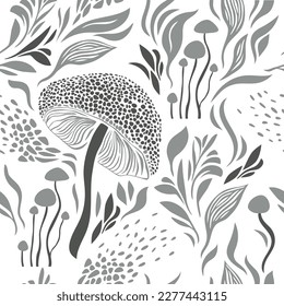 Seamless pattern , mushrooms and plants , leaves and branches, herb, grass,botanical illustration